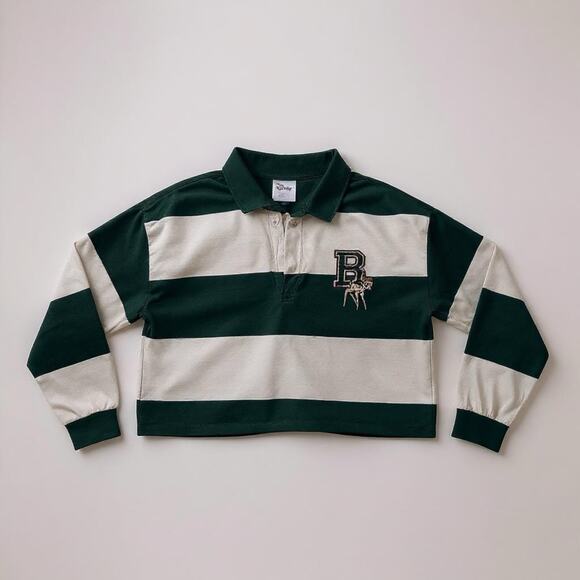 Disney Bambi Striped Rugby Cropped Pullover - Forest Green/White - Size XL - Picture 1 of 5